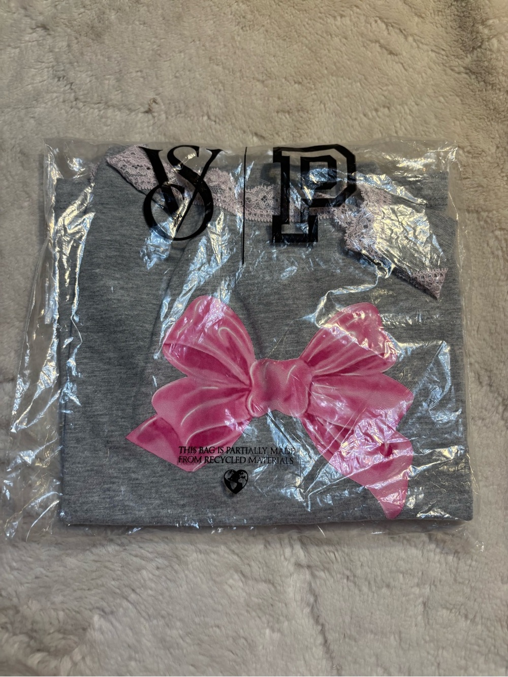 NWT LoveShackFancy X VS PINK Cami Medium Gray Pink Bow Lace Trim Tank Cotton NEW - Picture 14 of 16